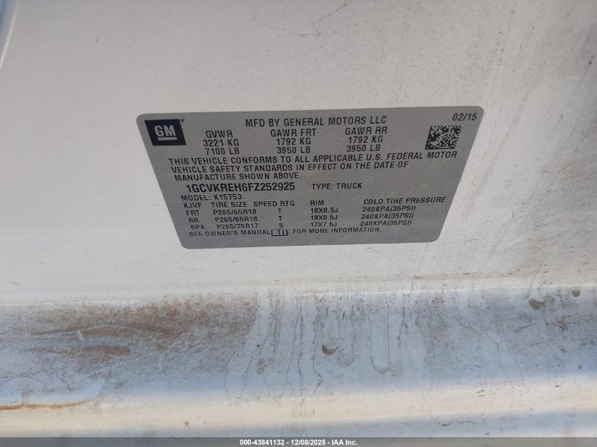 2015 Chevrolet Silverado 1500 2Lt VIN: 1GCVKREH6FZ252925 Lot: 43841132