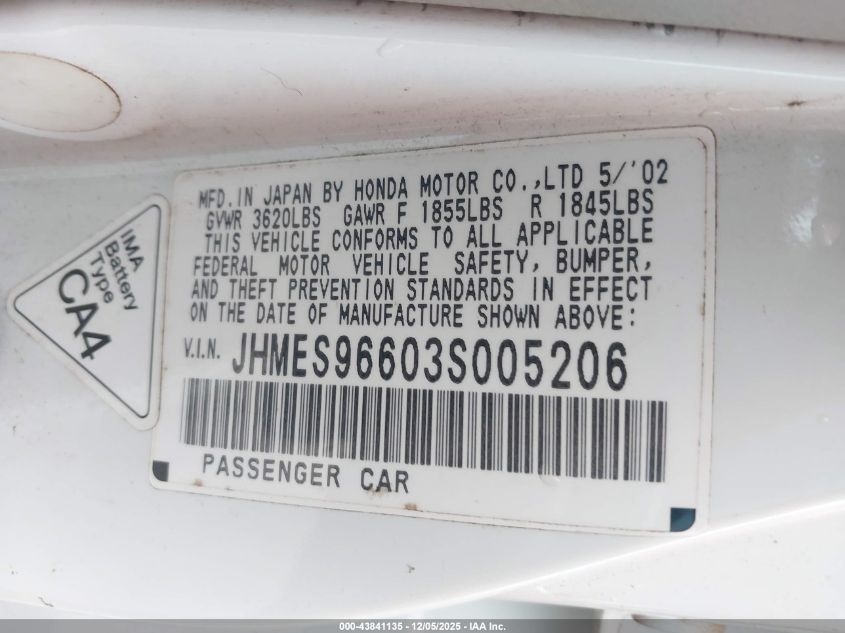 2003 Honda Civic Hybrid VIN: JHMES96603S005206 Lot: 43841135