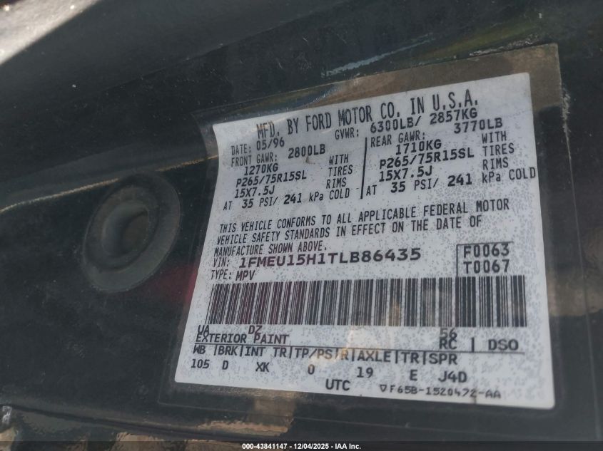 1996 Ford Bronco U100 VIN: 1FMEU15H1TLB86435 Lot: 43841147