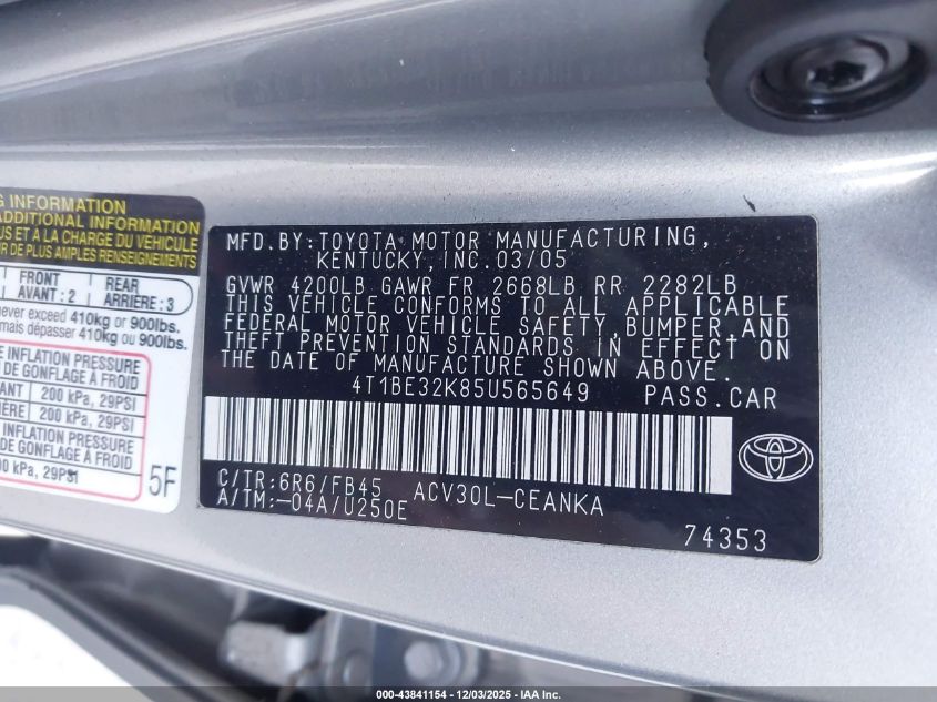 2005 Toyota Camry Le VIN: 4T1BE32K85U565649 Lot: 43841154