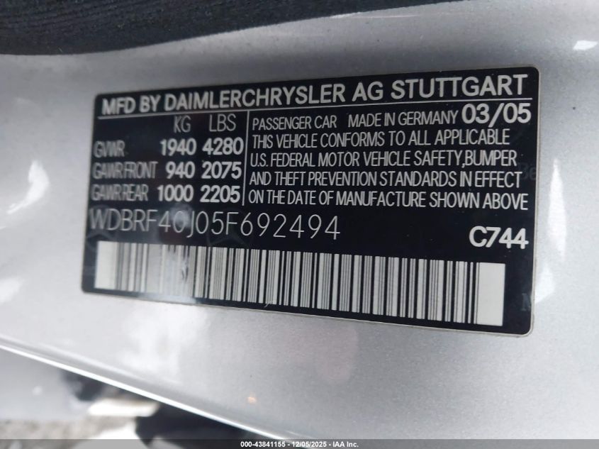 2005 Mercedes-Benz C 230 Kompressor Sport VIN: WDBRF40J05F692494 Lot: 43841155