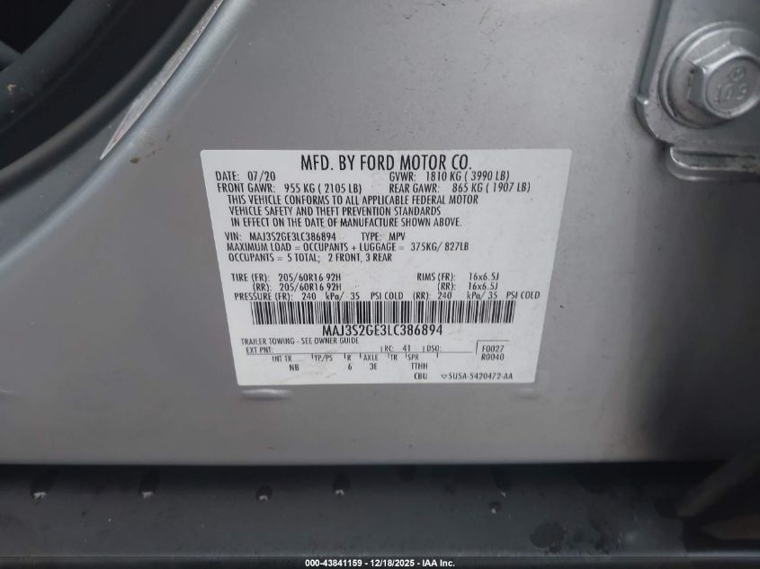 2020 Ford Ecosport Se VIN: MAJ3S2GE3LC386894 Lot: 43841159