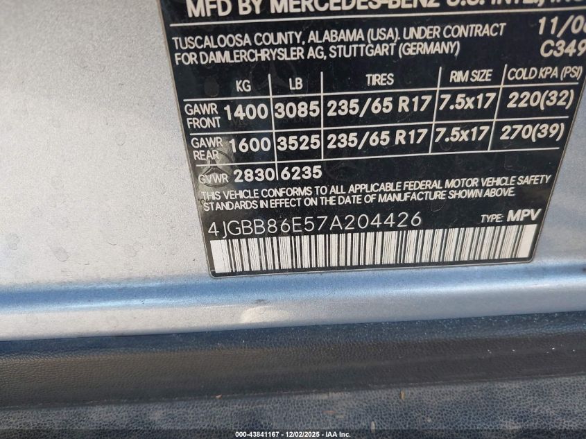 2007 Mercedes-Benz Ml 350 4Matic VIN: 4JGBB86E57A204426 Lot: 43841167