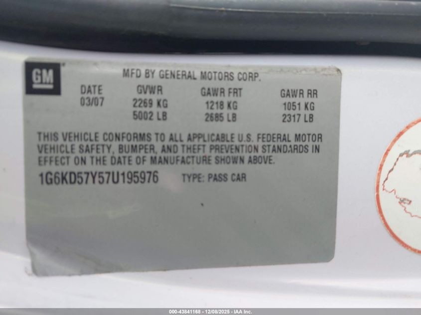 2007 Cadillac Dts V8 VIN: 1G6KD57Y57U195976 Lot: 43841168