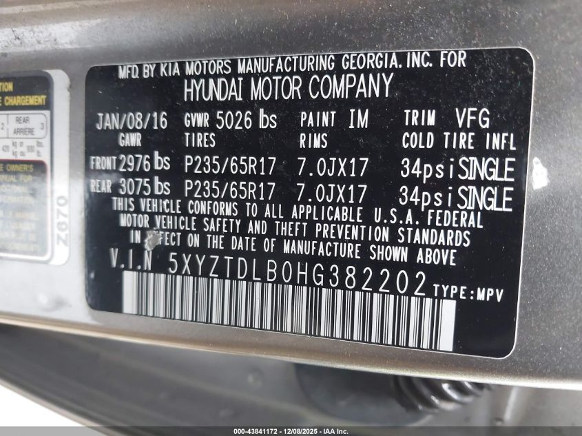 2017 Hyundai Santa Fe Sport 2.4L VIN: 5XYZTDLB0HG382202 Lot: 43841172