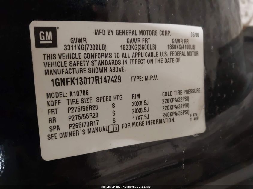 2007 Chevrolet Tahoe Lt VIN: 1GNFK13017R147429 Lot: 43841187