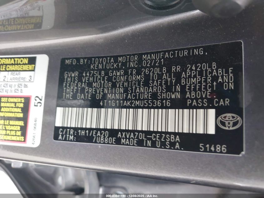 2021 Toyota Camry Se VIN: 4T1G11AK2MU553616 Lot: 43841190