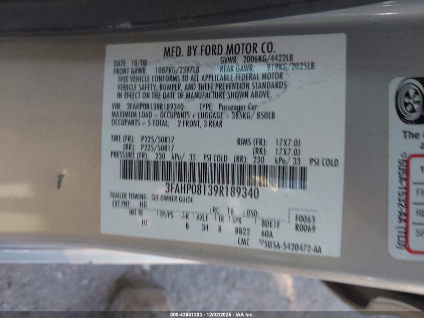 3FAHP08139R189340 2009 FORD FUSION photo no. 9