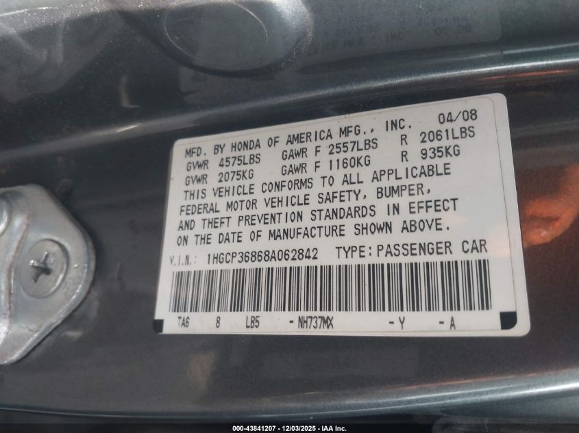 2008 Honda Accord 3.5 Ex-L VIN: 1HGCP36868A062842 Lot: 43841207
