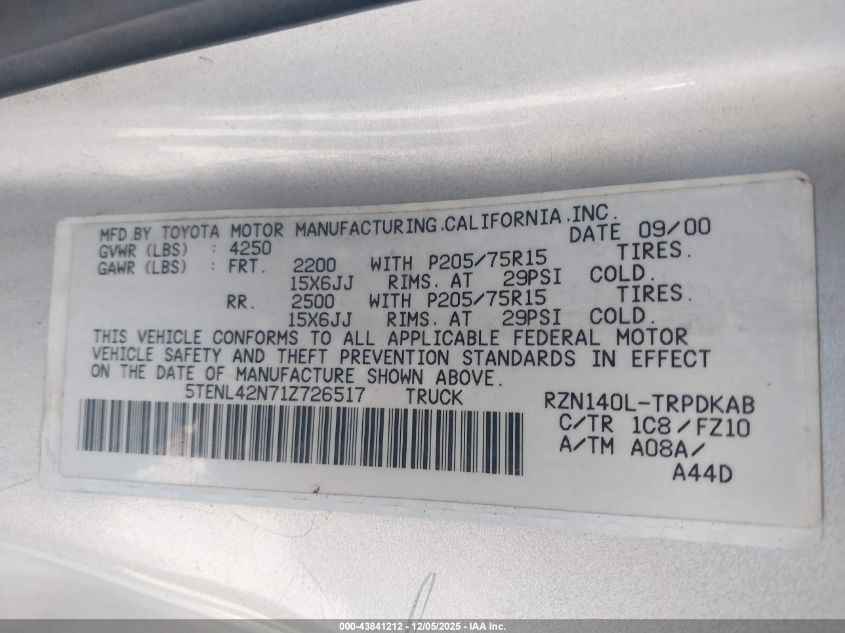 2001 Toyota Tacoma VIN: 5TENL42N71Z726517 Lot: 43841212