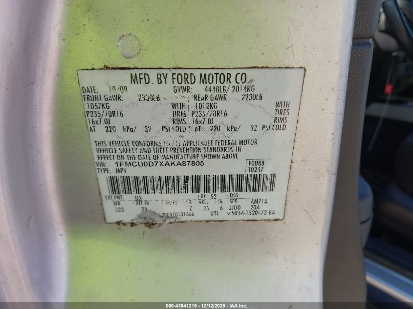 2010 Ford Escape Xlt VIN: 1FMCU0D7XAKA87805 Lot: 43841215