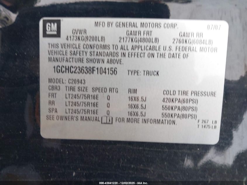 2008 Chevrolet Silverado 2500Hd Lt1 VIN: 1GCHC23638F104156 Lot: 43841220