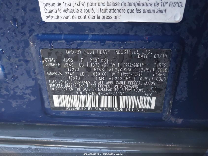 2010 Subaru Outback 3.6R Limited VIN: 4S4BRDLC0A2372032 Lot: 43841221