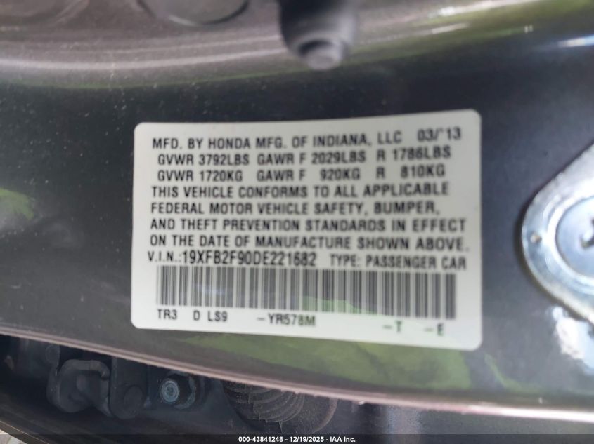 2013 Honda Civic Ex-L VIN: 19XFB2F90DE221682 Lot: 43841248