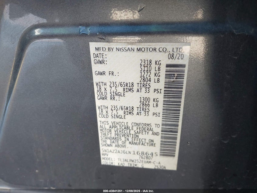 2020 Nissan Murano S Fwd VIN: 5N1AZ2AJ6LN168645 Lot: 43841251