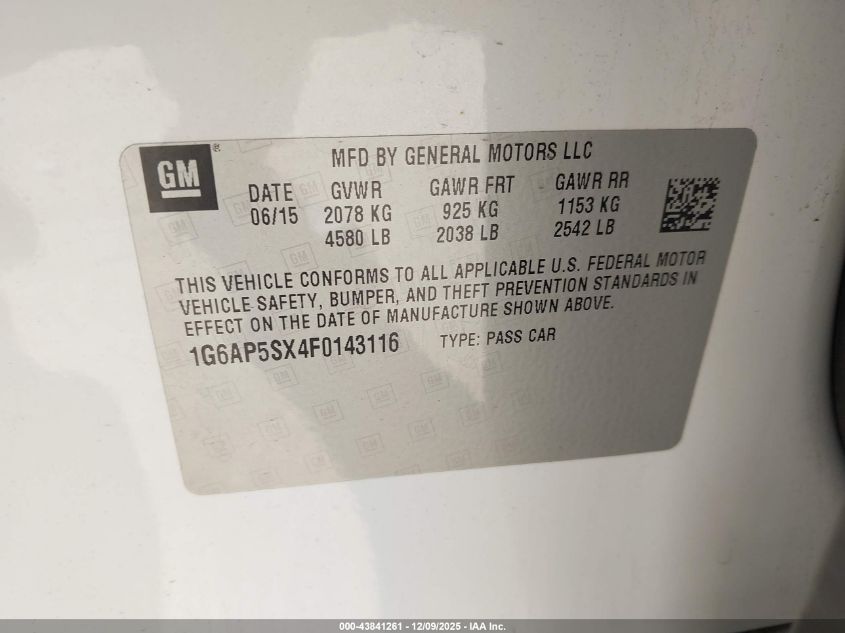 2015 Cadillac Cts Standard VIN: 1G6AP5SX4F0143116 Lot: 43841261