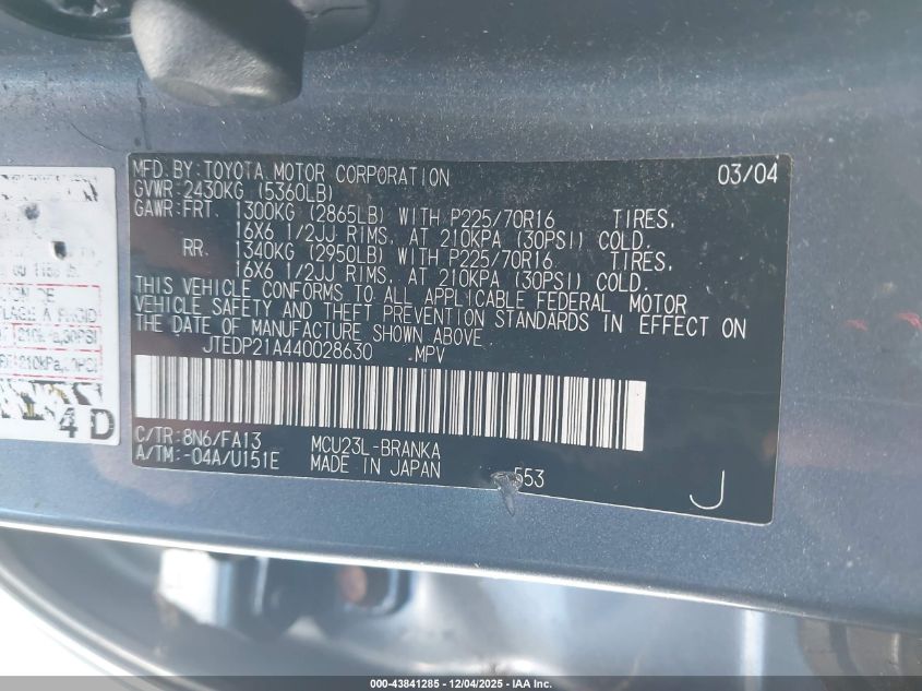 2004 Toyota Highlander V6 VIN: JTEDP21A440028630 Lot: 43841285