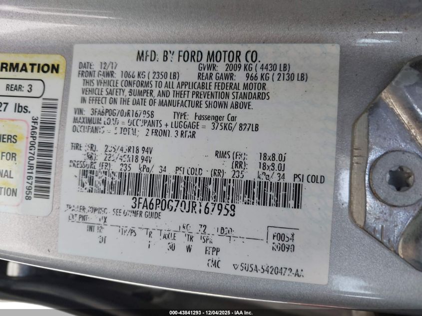 2018 Ford Fusion S VIN: 3FA6P0G70JR167958 Lot: 43841293