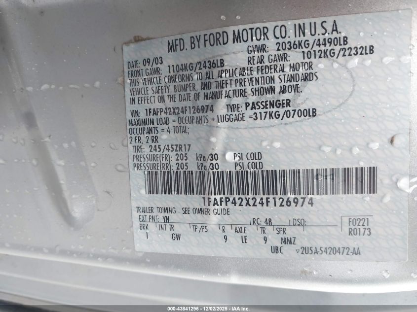 2004 Ford Mustang Gt VIN: 1FAFP42X24F126974 Lot: 43841296