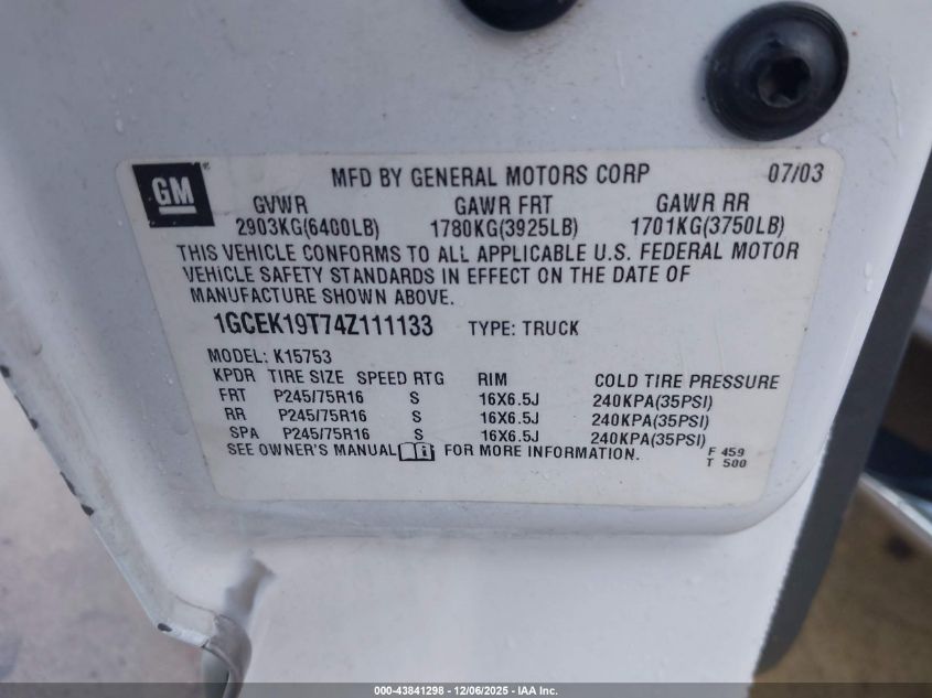 2004 Chevrolet Silverado 1500 Ls VIN: 1GCEK19T74Z111133 Lot: 43841298