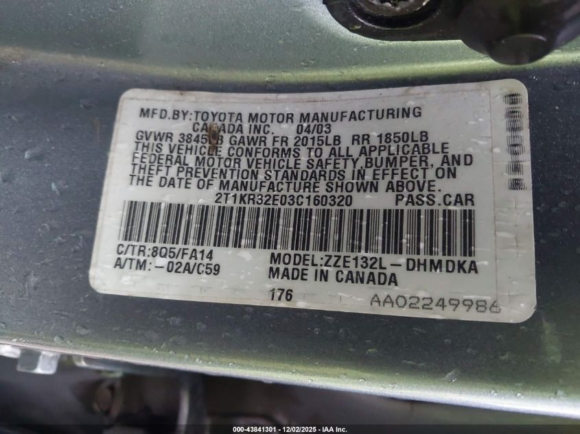2003 Toyota Matrix Standard VIN: 2T1KR32E03C160320 Lot: 43841301