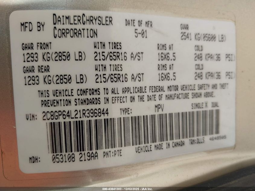 2001 Chrysler Town & Country Limited VIN: 2C8GP64L21R396844 Lot: 43841303