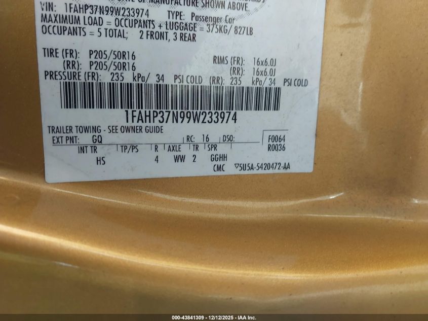 2009 Ford Focus Sel VIN: 1FAHP37N99W233974 Lot: 43841309