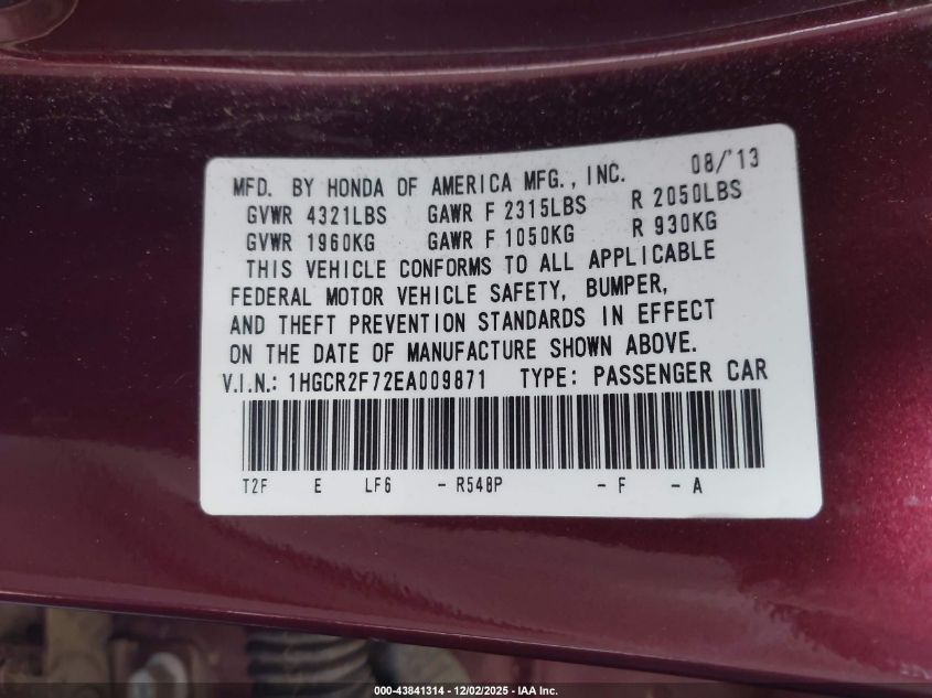 2014 Honda Accord Ex VIN: 1HGCR2F72EA009871 Lot: 43841314