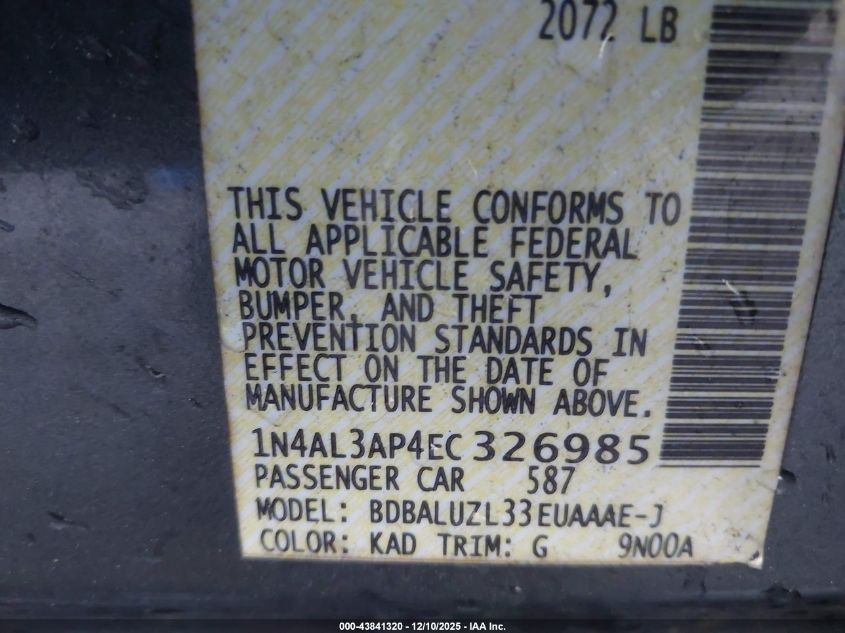 2014 Nissan Altima 2.5 Sv VIN: 1N4AL3AP4EC326985 Lot: 43841320