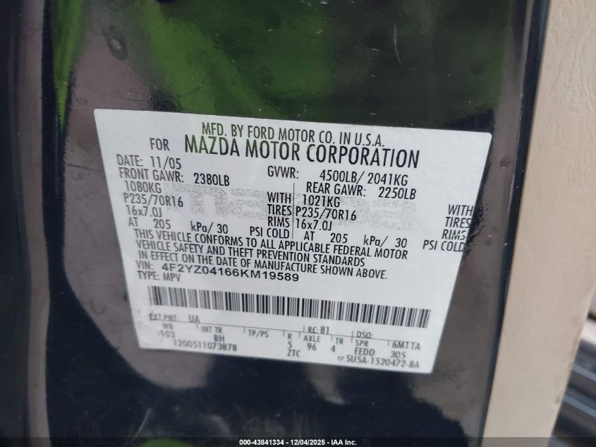 2006 Mazda Tribute S VIN: 4F2YZ04166KM19589 Lot: 43841334