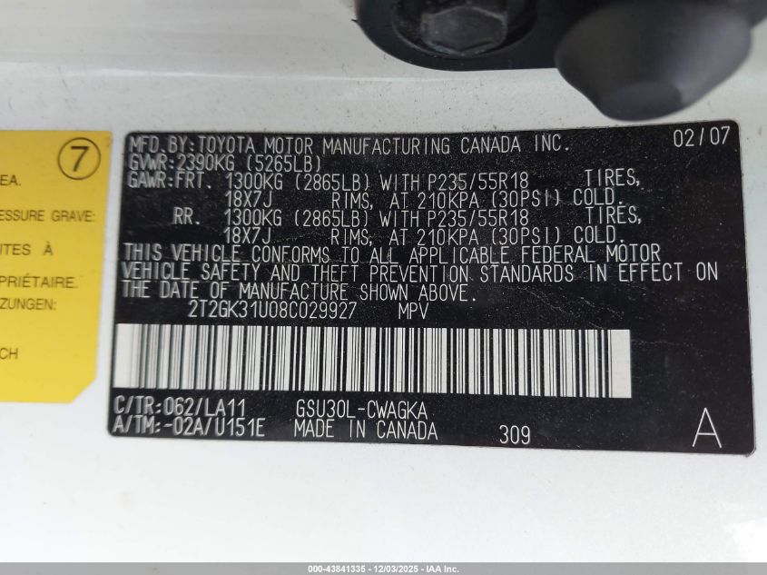 2008 Lexus Rx 350 VIN: 2T2GK31U08C029927 Lot: 43841335