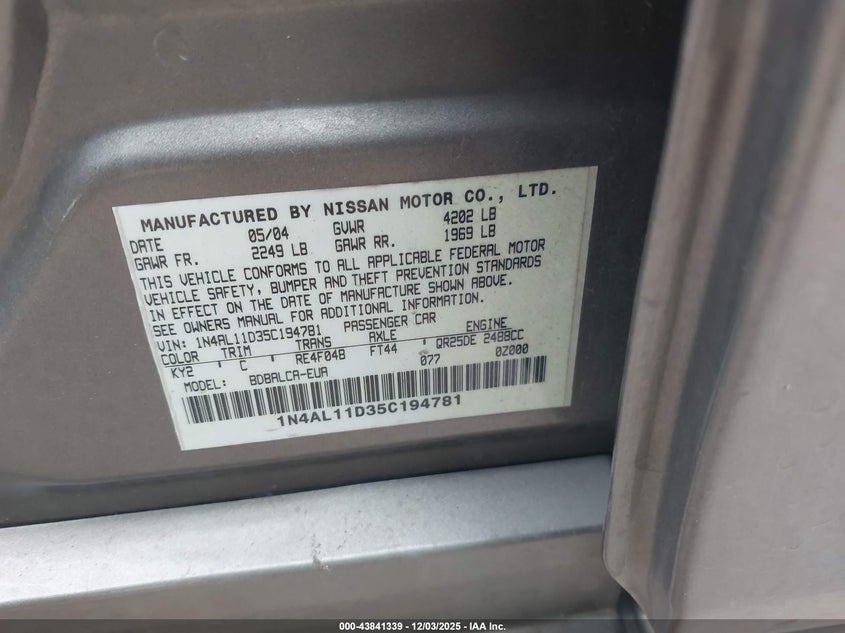 1N4AL11D35C194781 2005 NISSAN ALTIMA photo no. 9