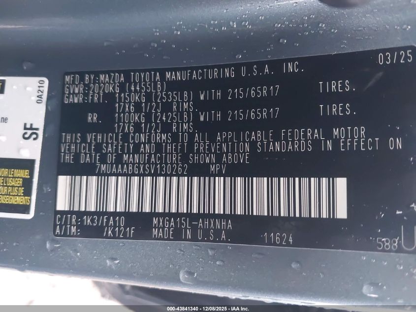 2025 Toyota Corolla Cross L VIN: 7MUAAABGXSV130262 Lot: 43841340