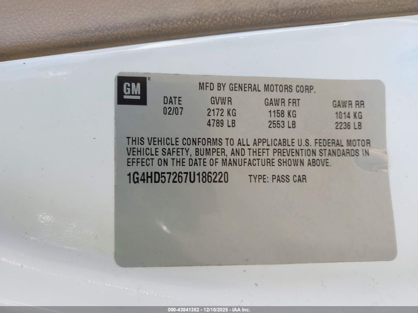 2007 Buick Lucerne Cxl VIN: 1G4HD57267U186220 Lot: 43841352