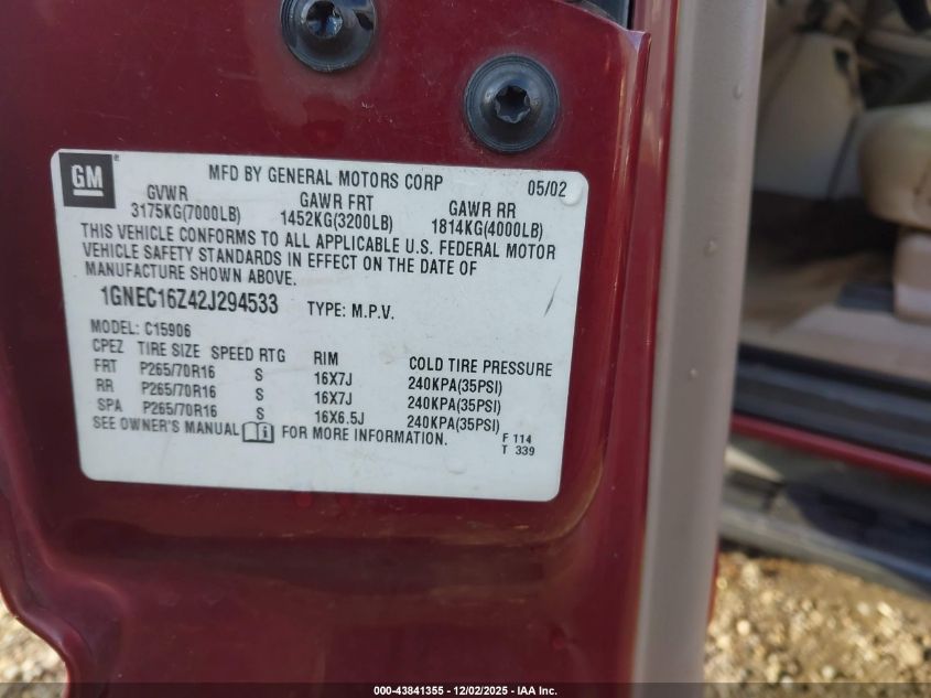 2002 Chevrolet Suburban 1500 Lt VIN: 1GNEC16Z42J294533 Lot: 43841355