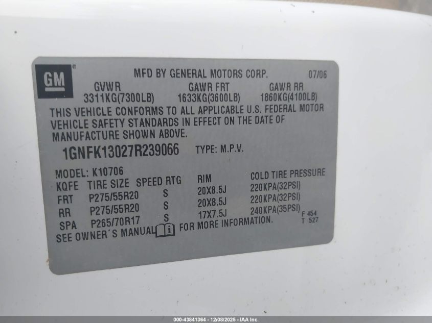 2007 Chevrolet Tahoe Ltz VIN: 1GNFK13027R239066 Lot: 43841364
