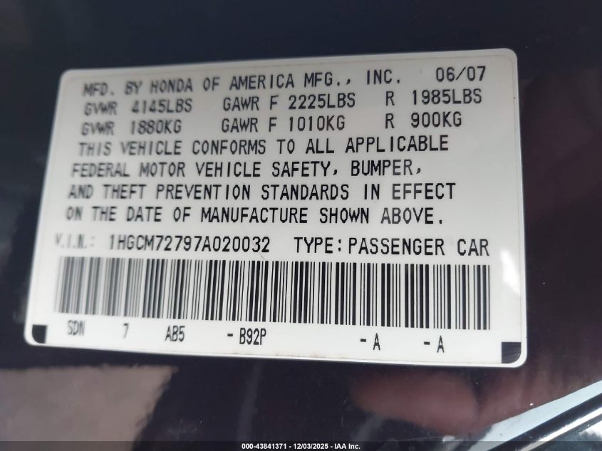 2007 Honda Accord 2.4 Ex VIN: 1HGCM72797A020032 Lot: 43841371