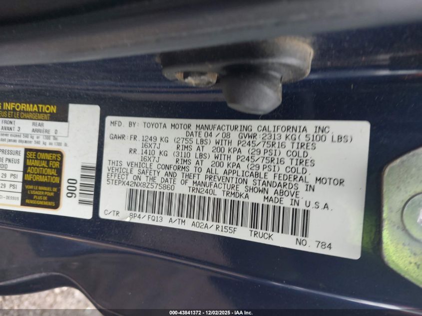 2008 Toyota Tacoma VIN: 5TEPX42NX8Z575860 Lot: 43841372