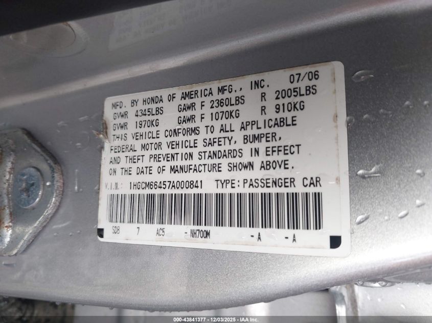 2007 Honda Accord 3.0 Se VIN: 1HGCM66457A000841 Lot: 43841377