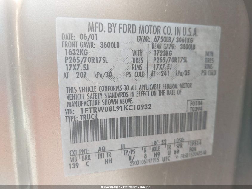 2001 Ford F-150 King Ranch Edition/Lariat/Xlt VIN: 1FTRW08L91KC10932 Lot: 43841387