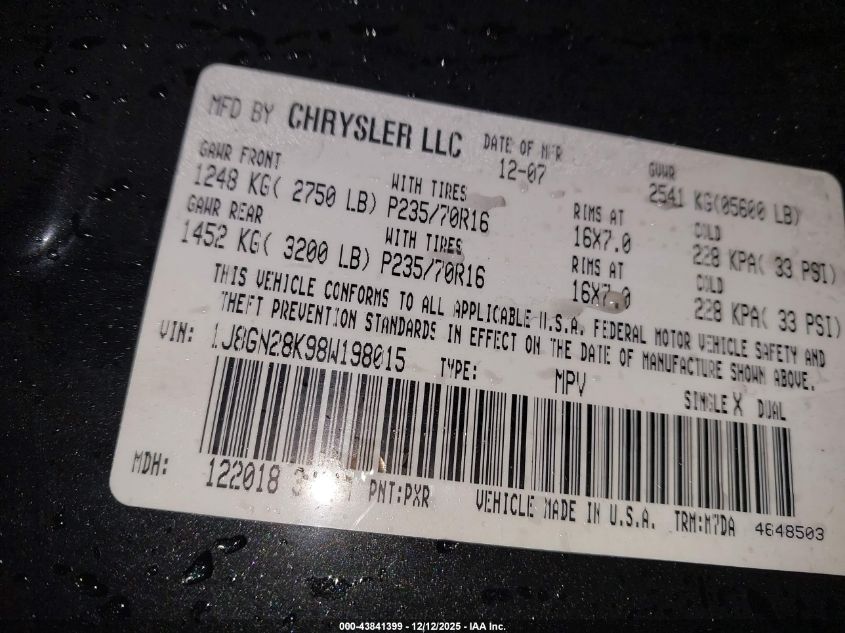 2008 Jeep Liberty Sport VIN: 1J8GN28K98W198015 Lot: 43841399