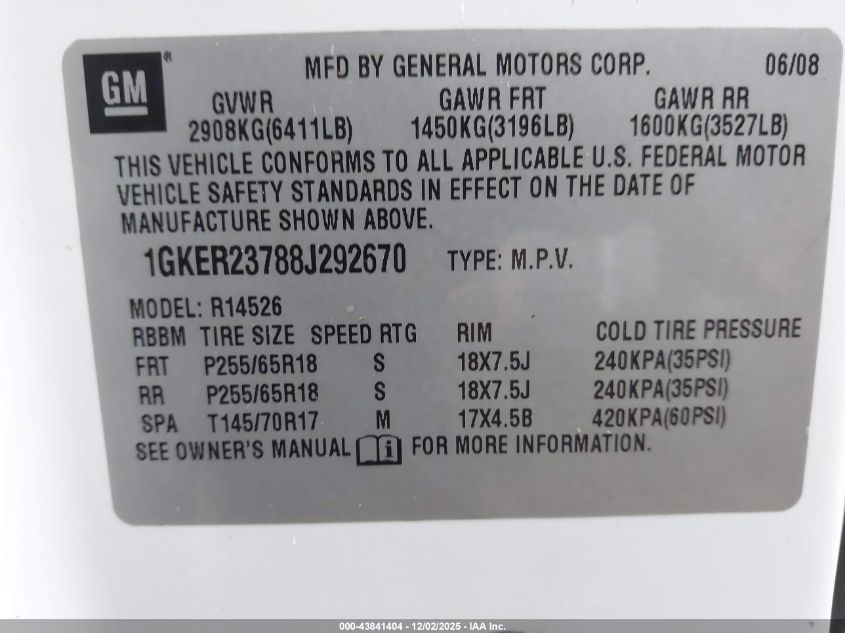 2008 GMC Acadia Slt-1 VIN: 1GKER23788J292670 Lot: 43841404