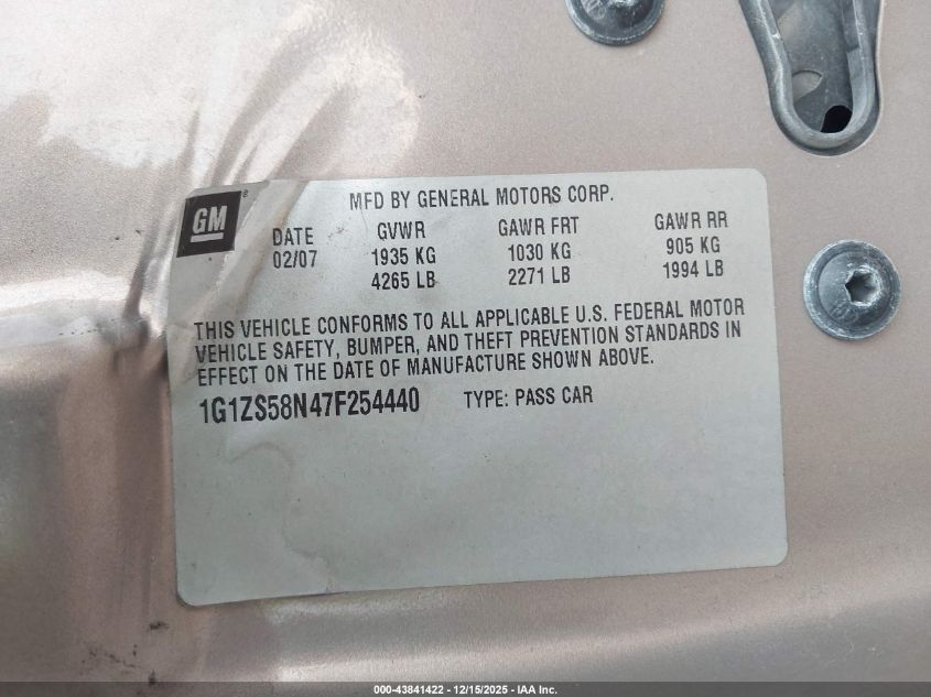 2007 Chevrolet Malibu Ls VIN: 1G1ZS58N47F254440 Lot: 43841422