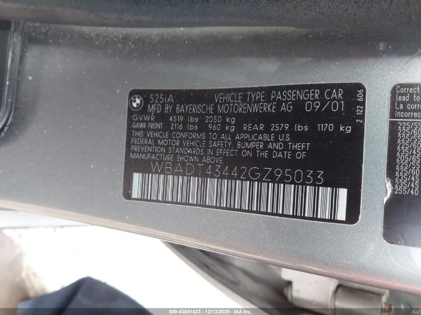 2002 BMW 525Ia VIN: WBADT43442GZ95033 Lot: 43841423