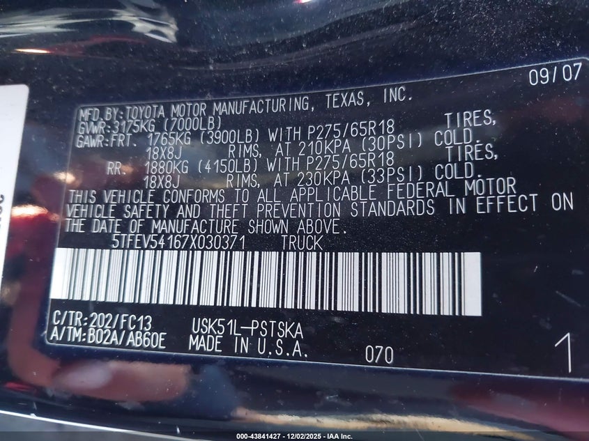 5TFEV54167X030371 2007 TOYOTA TUNDRA photo no. 9