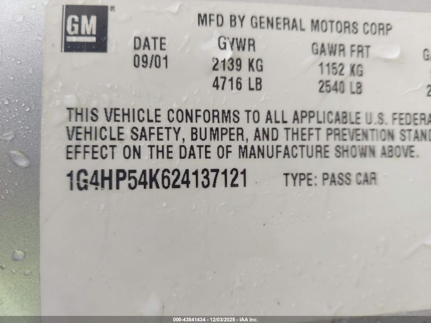 2002 Buick Lesabre Custom VIN: 1G4HP54K624137121 Lot: 43841434