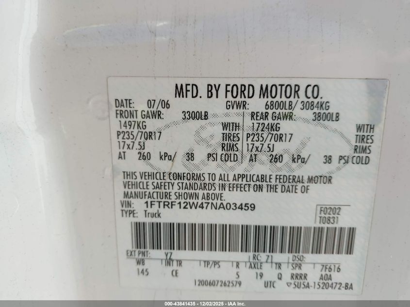2007 Ford F-150 Stx/Xl/Xlt VIN: 1FTRF12W47NA03459 Lot: 43841435