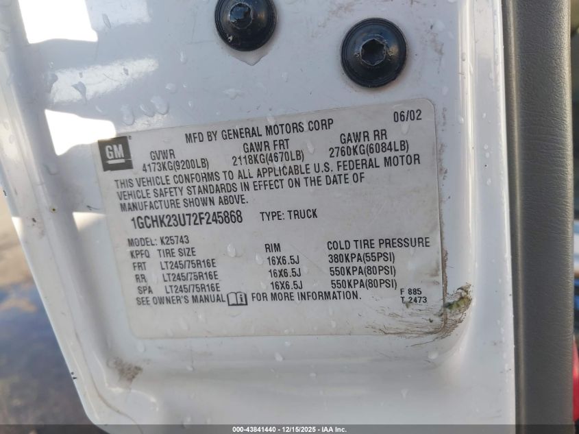 2002 Chevrolet Silverado 2500Hd Lt VIN: 1GCHK23U72F245868 Lot: 43841440