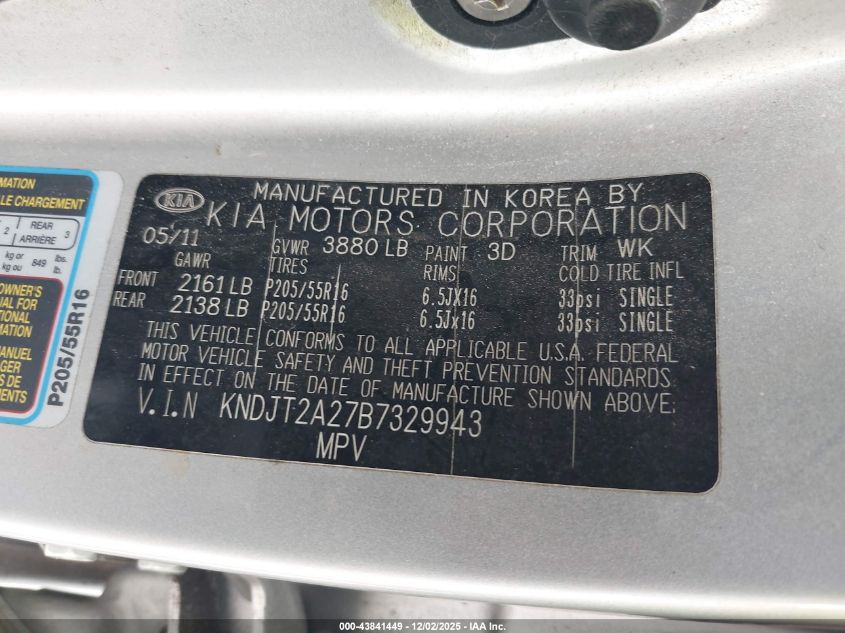 2011 Kia Soul + VIN: KNDJT2A27B7329943 Lot: 43841449