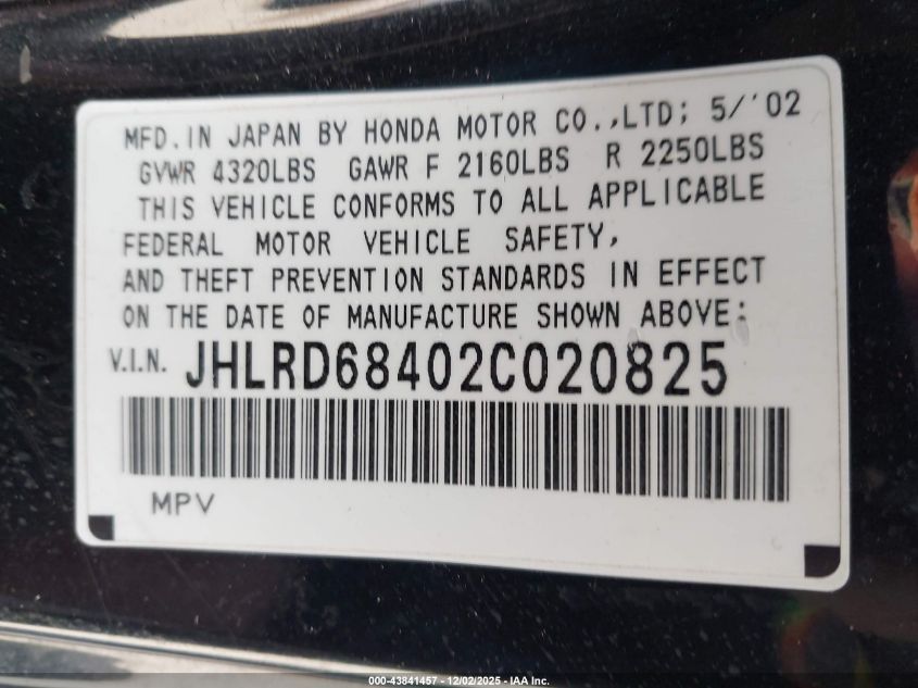 2002 Honda Cr-V Lx VIN: JHLRD68402C020825 Lot: 43841457